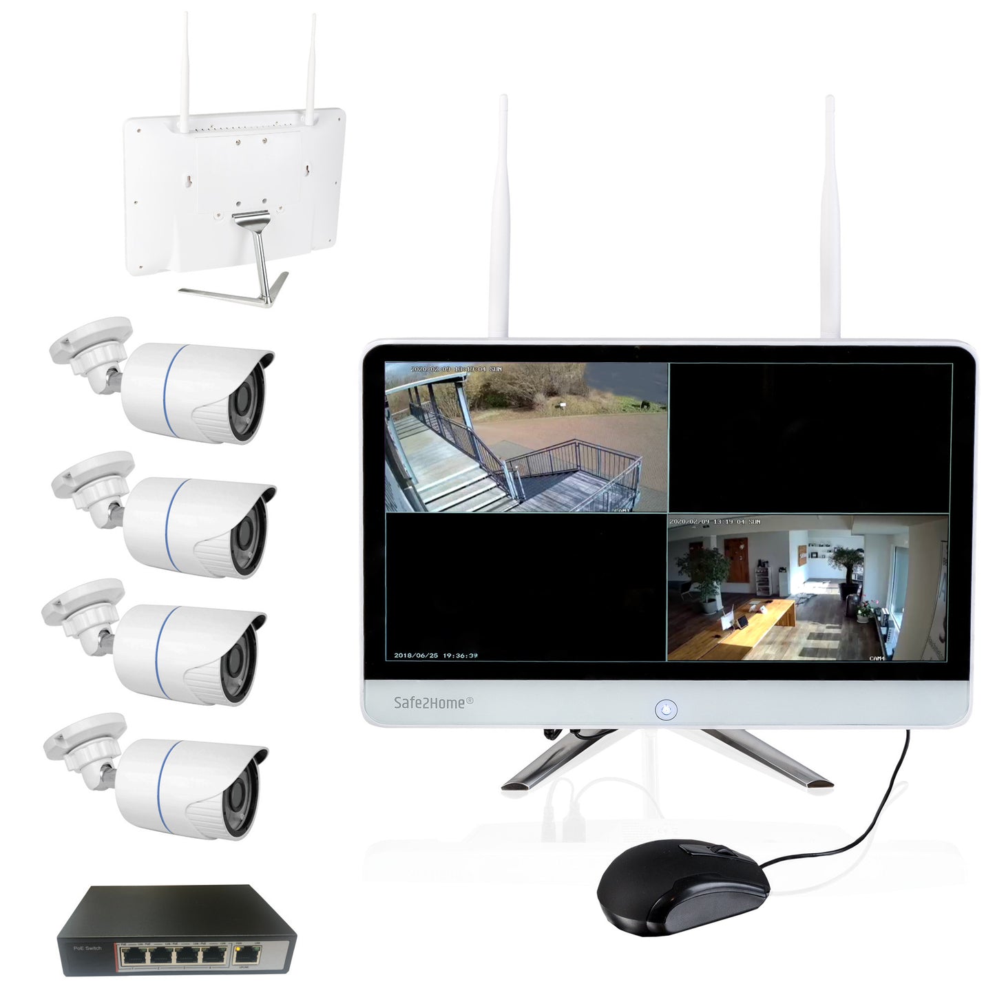 POE / Funk Überwachungskamera 8 Kanal Set 3TB - 4x Full HD POE Cam Nachtsicht - Rekorder
