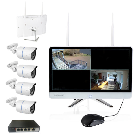 POE / Funk Überwachungskamera 8 Kanal Set 3TB - 4x Full HD POE Cam Nachtsicht - Rekorder